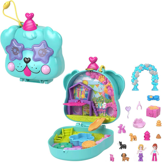 Polly Pocket Mini brinquedos, Doggy Birthday Bash, conjunto de brinquedos compacto com 2 microbonecas e 14 acessórios, brinquedos de viagem Pocket World com surpresas reveladas, HKV30