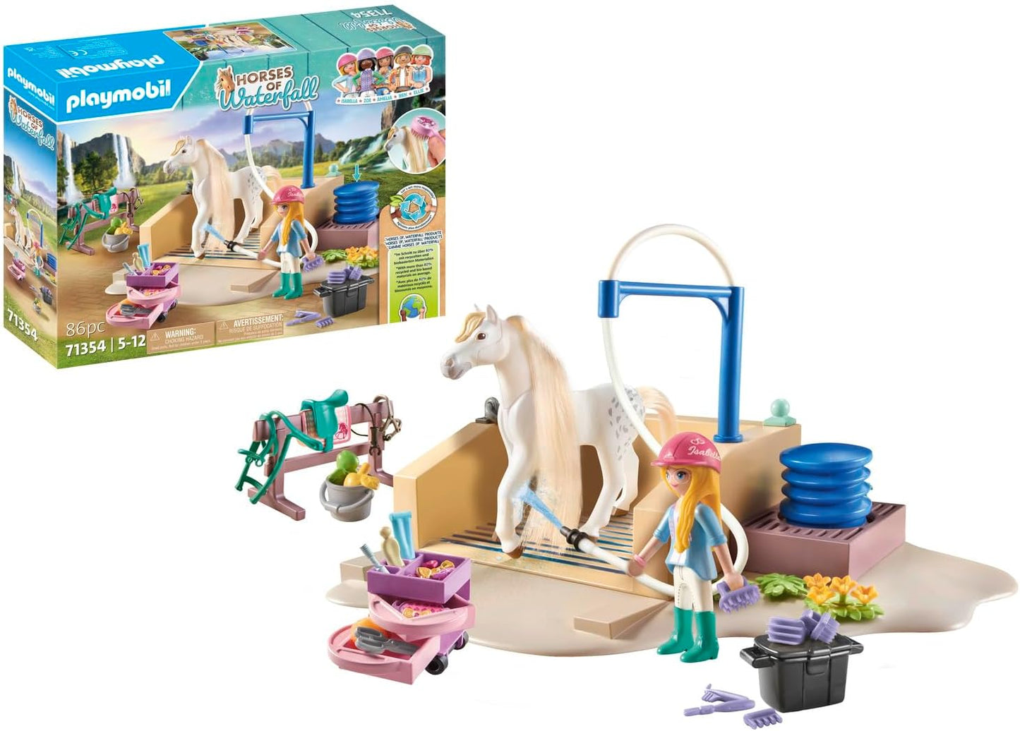 Playmobil 71354 Estación de lavado de caballos en cascada con Isabella y la Leona, paseos extensos y selfies conjuntos, juegos de rol divertidos e imaginativos, juegos sostenibles adecuados para niños a partir de 5 años