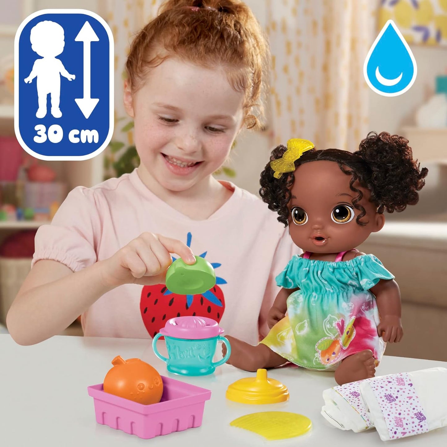 Muñeca Baby Alive Fruity Sips, lima, juego de muñeca exprimidora, bebidas y salsas, juguete para niños a partir de 3 años, pelo negro