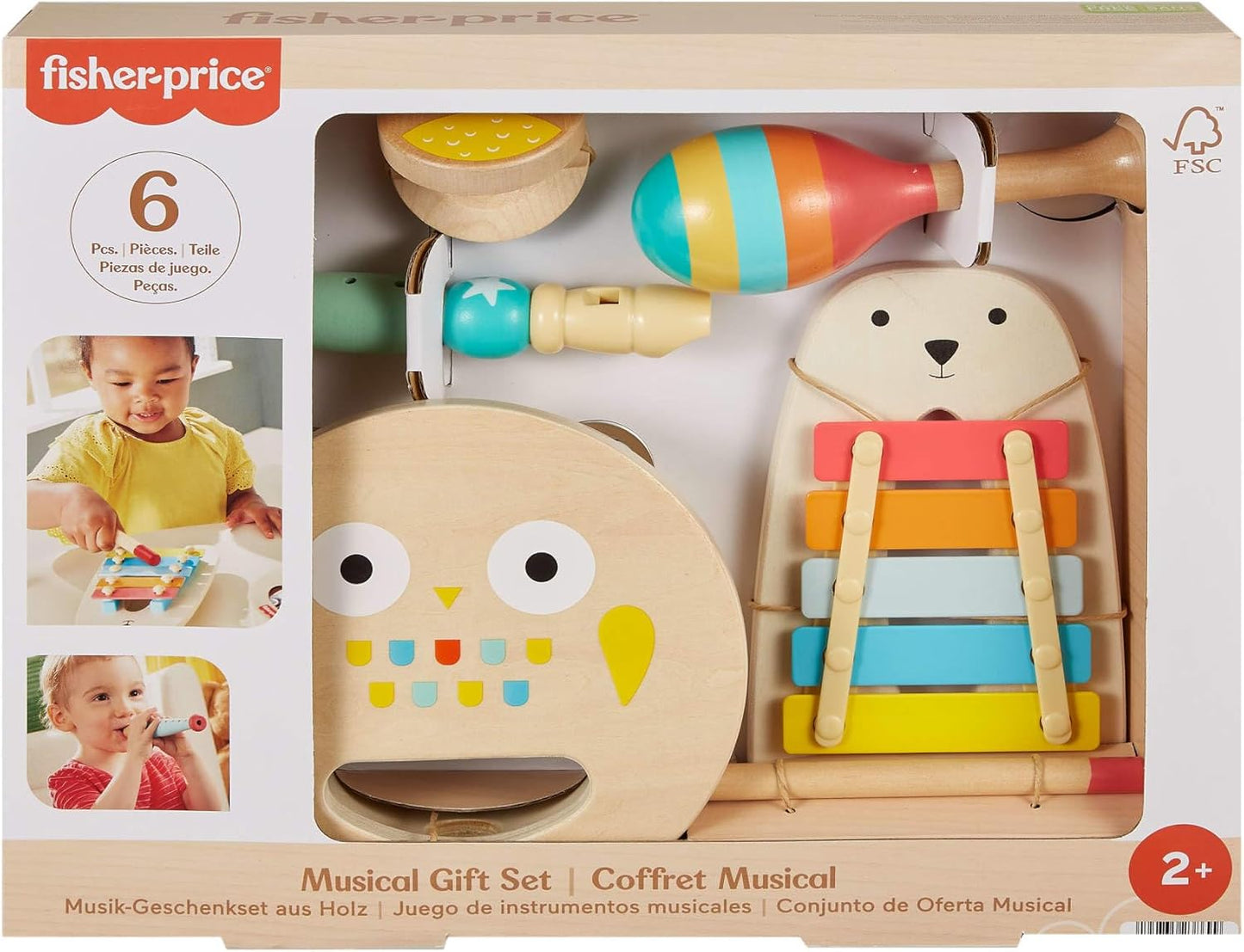 Fisher-Price Set de regalo de instrumentos musicales de madera para niños con 6 piezas de madera para juegos de desarrollo para niños a partir de 2 años, HXT90