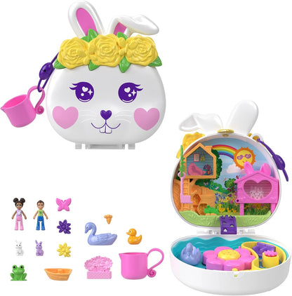 Polly Pocket Pollyville, Playset Resort Roll Away com rodas giratórias, 5 áreas de recreação e bonecos e playset, brinquedos para animais, coelhinho de jardim de flores compacto com brincadeira aquática