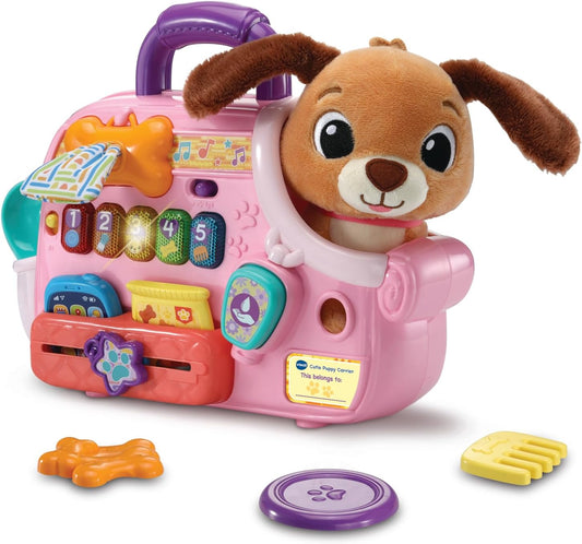 VTech Baby Cutie Puppy Carrier, brinquedo interativo de dramatização com 6 acessórios, botões iluminados com música, sons e frases, presente para bebês de 9, 18, 24 meses +