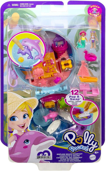 Polly Pocket Dolphin Beach Compact, tema de aventura na praia com boneca Micro Polly e sereia, 5 revelações e 12 acessórios, recurso pop e swap, ótimo presente para maiores de 4 anos, GTN20