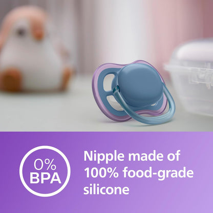 Philips Avent Chupeta Ultra Air, chupetas leves e respiráveis para bebês de 6 a 18 meses, sem BPA, com estojo de transporte para esterilizador, pacote com 2, modelo SCF085/34