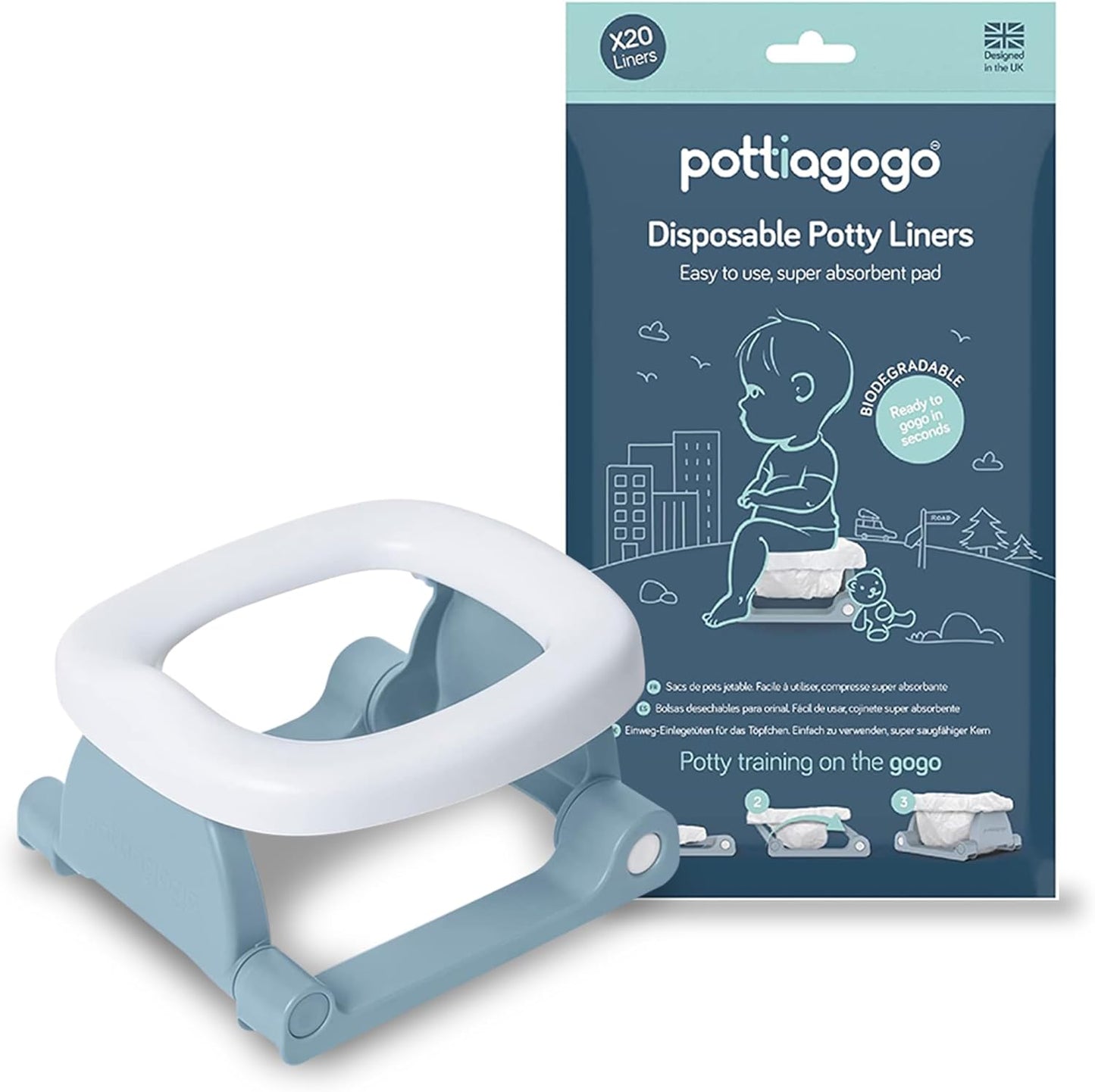 Pottiagogo | Potty de viagem premiado para crianças | Inclui 20 penicos descartáveis biodegradáveis | Fácil de usar | Mecanismo Único Perfeito para Treinamento Potty | Cinza seixo