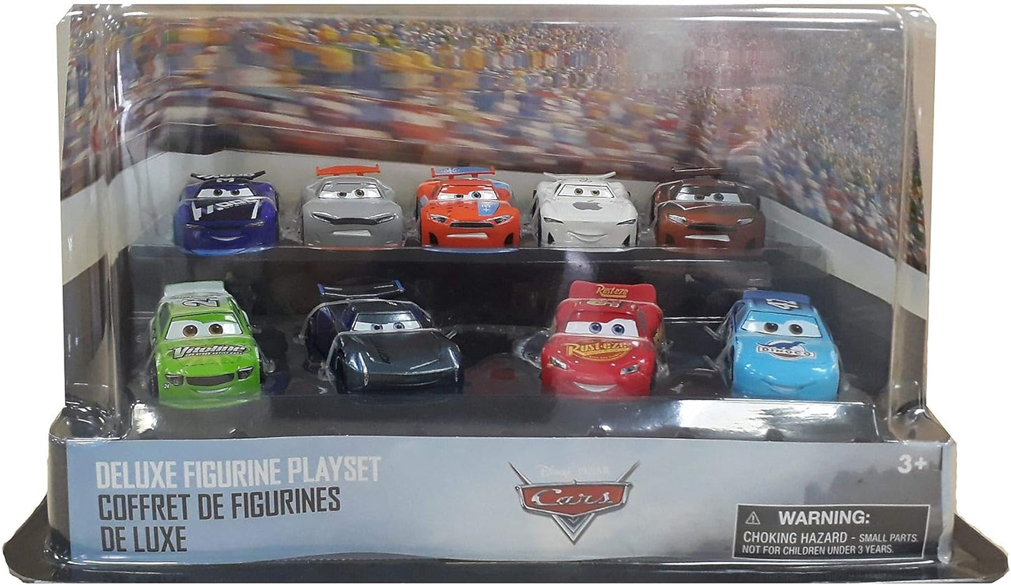 Disney Store Playset oficial Pixar Cars Deluxe, 9 unidades, figuras detalhadas de carros, incluindo Lightning McQueen, Jackson Storm e muito mais, brinquedos com arte colorida de personagens, adequados para maiores de 3 anos