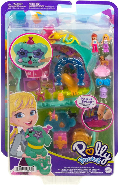 Polly Pocket Mini brinquedos, Doggy Birthday Bash, conjunto de brinquedos compacto com 2 microbonecas e 14 acessórios, brinquedos de viagem Pocket World com surpresas reveladas, HKV30