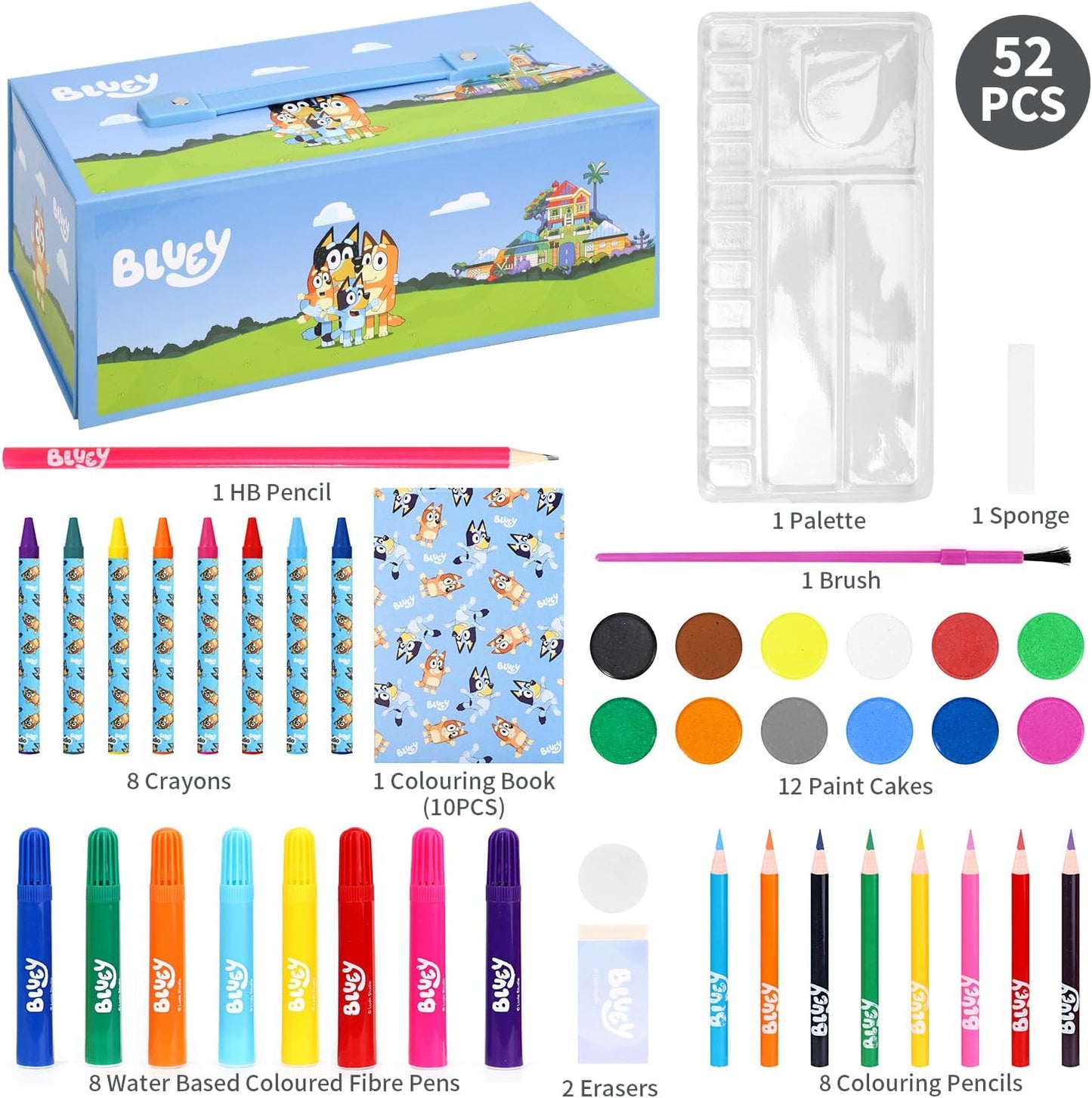 Bluey Conjunto de artigos de papelaria para colorir para crianças com 52 peças, canetas hidrográficas, giz de cera e lápis, conjunto de viagem para crianças