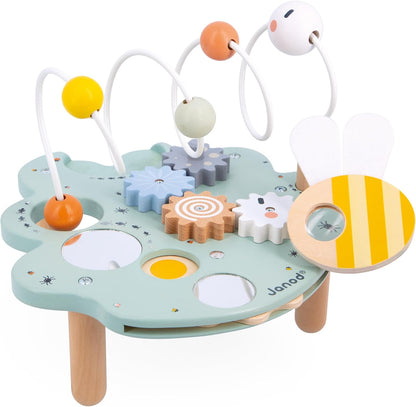 Janod - Mesa de atividades Sweet Cocoon - 5 atividades para os primeiros anos - Brinquedo de aprendizagem precoce - Desenvolve habilidades motoras finas - FSC Wood Activity Leaf - 18 meses +, J04056