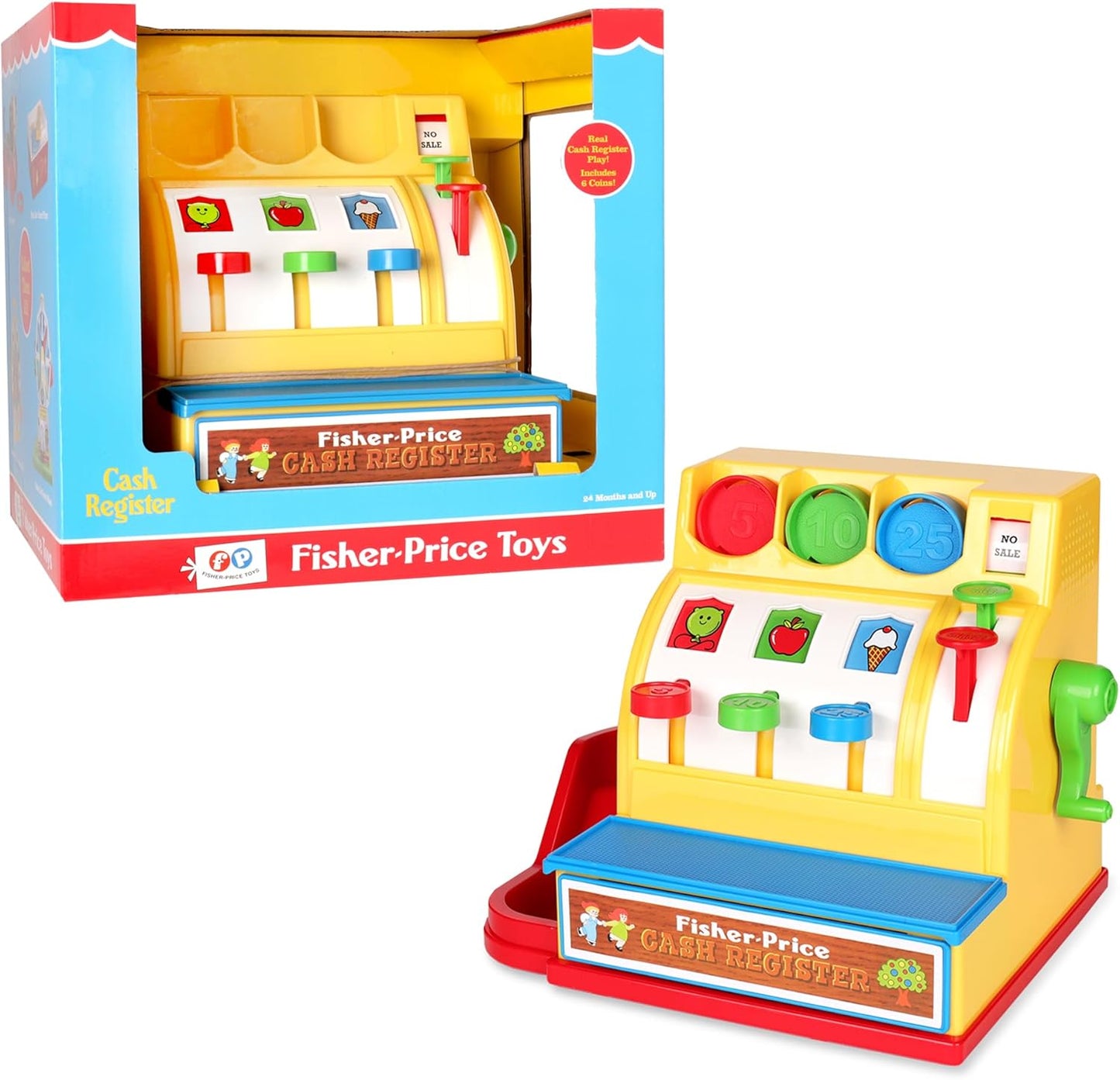 Clásicos básicos y divertidos de Fisher Price | Caja registradora | Juguete educativo y de aprendizaje, ideal para juegos de rol para niños, juguete clásico con embalaje de estilo retro, adecuado para niños y niñas de 2 años en adelante