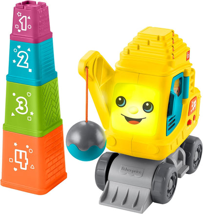 Fisher-Price Baby & Toddler Learning Toy Count & Stack Crane com blocos, luzes, música e sons para bebês a partir de 9 meses, inglês, Reino Unido + francês + alemão, versão