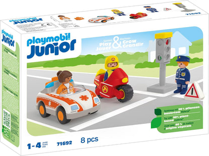 PLAYMOBIL 71692 JUNIOR: Everyday Heroes, including woman doctor, firefighter, and police officer, sustainable toy made from plant-based plastics, gifting toy