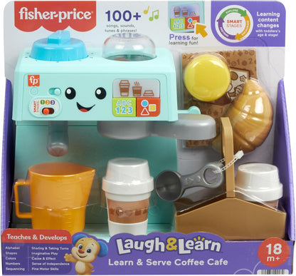 Fisher-Price Brinquedo infantil para aprender e servir café com palcos inteligentes e 10 peças para maiores de 18 meses, versão multilíngue