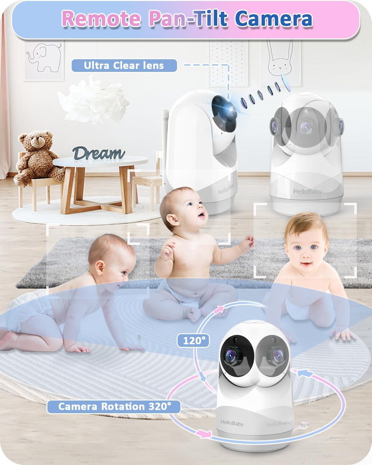 HelloBaby Monitor de bebê, bateria com duração de 29 horas, monitor de bebê com câmera e visão noturna, sem Wi-Fi, câmera remota Pan Tilt de 355 °/120 ° Zoom 2x, modo ECO, exibição de tempo, conversa bidirecional, até 1000 pés, temperatura