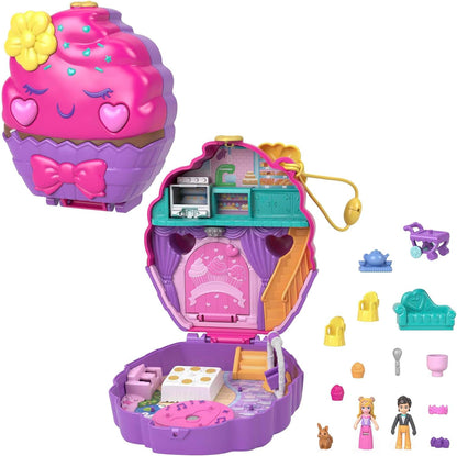 Polly Pocket Mini Toys, Something Sweet Cupcake Conjunto de jogos compacto com 2 micro bonecas e 13 acessórios, Pocket World Travel Toys com surpresa revela, HKV31