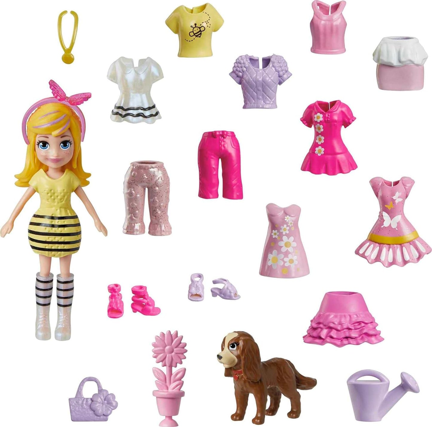 Polly Pocket Brinquedo de viagem com boneca de 3 polegadas e 18 acessórios, pacote de moda com tema de cachorrinhos e flores