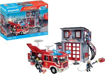 Playmobil 71603 Action Heroes: Fire Rescue Mega Set, grande conjunto de bombeiros com equipe de resposta e vários acessórios, conjuntos de jogos cheios de ação adequados para crianças de 4 anos ou mais