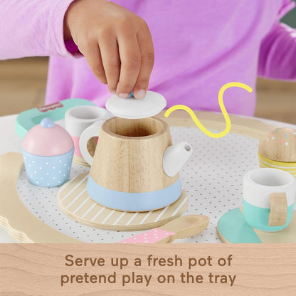 Fisher-Price Preschool Toy Wooden Tea Set with Teapot, Cups & Saucers, 12 Wood Pieces for Pretend Play Kids Ages 3+