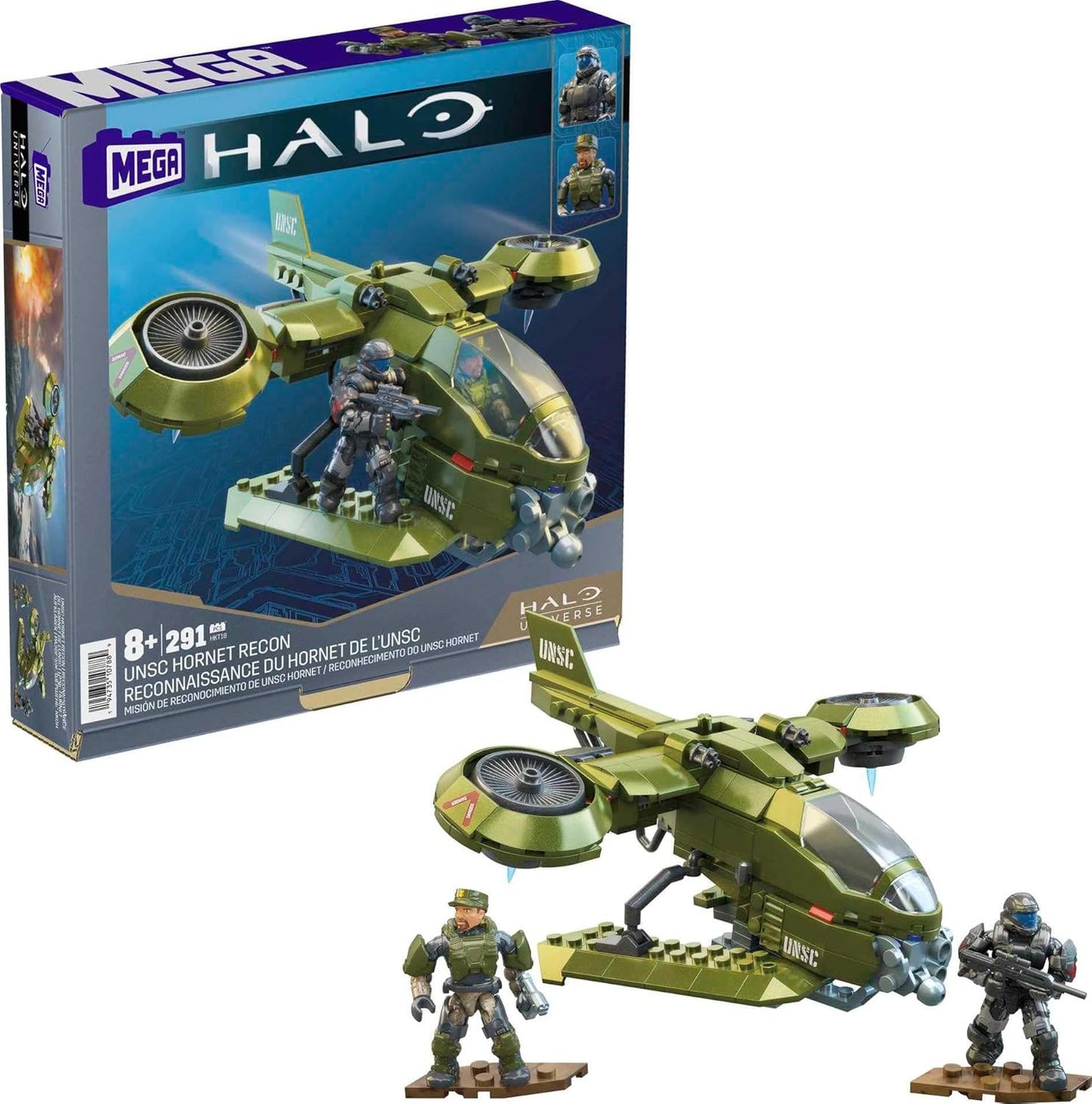 MEGA de construção de veículos de brinquedo Halo, aeronaves UNSC Hornet Recon com 4 microfiguras de ação colecionáveis e articuladas e acessórios