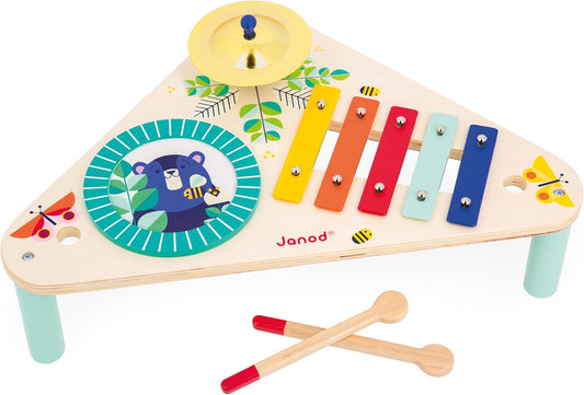 Janod - Mesa musical de madera Gioia - 3 instrumentos musicales infantiles - Juguete despertador musical - Pintura a base de agua - 12 meses +,