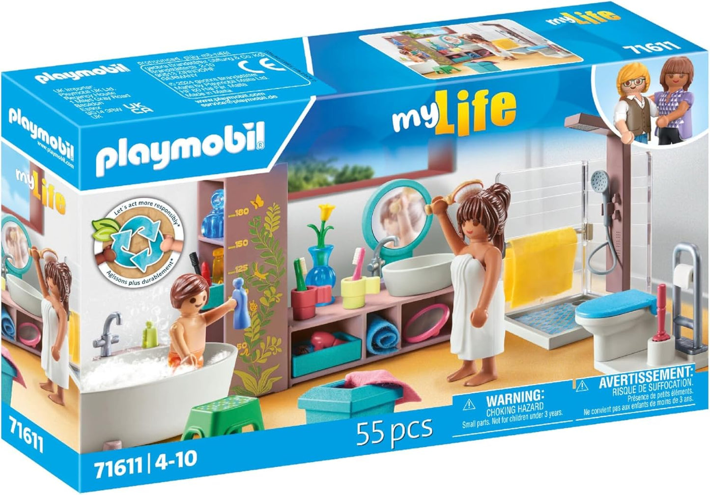 Playmobil 71611 myLife: Banheiro, incluindo duas figuras e vários acessórios, feito com mais de 80% de materiais reciclados e de base biológica, conjuntos de jogos detalhados adequados para crianças a partir de 4 anos