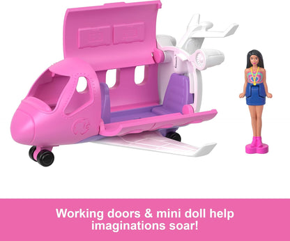 Barbie Mini BarbieLand Juego de muñeca y vehículo de juguete, muñeca Barbie de 1,5 pulgadas y avión de ensueño con puertas funcionales y cambio de color, HYF40