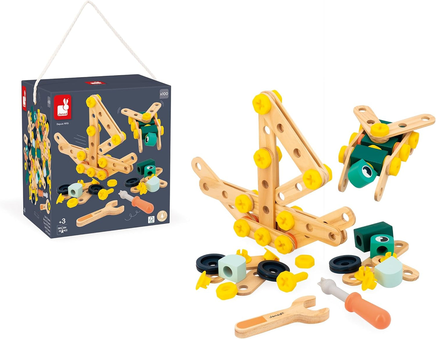 Janod - Banheira Brico'Kids de 100 peças - Jogo de construção infantil - 98 acessórios + 2 ferramentas - Brinquedo de simulação - Desenvolve destreza e criatividade - 3 anos +,