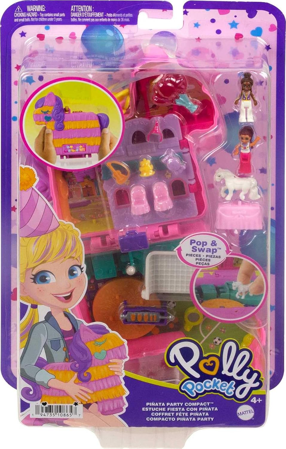 Polly Pocket Mini Toys, Piñata Party Playset compacto com 2 micro bonecas e 14 acessórios, Pocket World Travel Toys com surpresa revela, HKV32