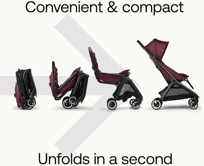 Bugaboo Carrinho de viagem ultracompacto Butterfly, pequeno e leve, fácil de dobrar em 1 segundo, ergonômico e extra espaçoso, carrinho de passeio urbano para bebês e crianças pequenas, direção confortável, preto/cereja escuro