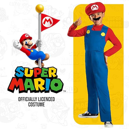 DISGUISE Disfraz oficial clásico de Nintendo Super Mario para niños, incluye sombrero de Mario, disfraz de Mario, disfraces para niños, Halloween, cumpleaños, Día Mundial del Libro para niños