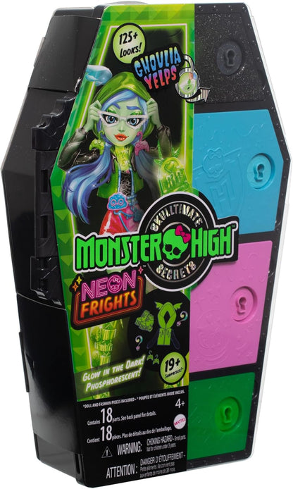 Monster High Boneca e conjunto de moda, boneca Ghoulia Yelps, Skulltimate Secrets: Neon Frights, armário de vestir com mais de 19 surpresas, HNF81