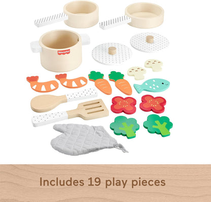 Fisher-Price Juego de ollas y sartenes de madera para juguetes de cocina preescolar, 19 piezas de madera para niños de 3 años en adelante,