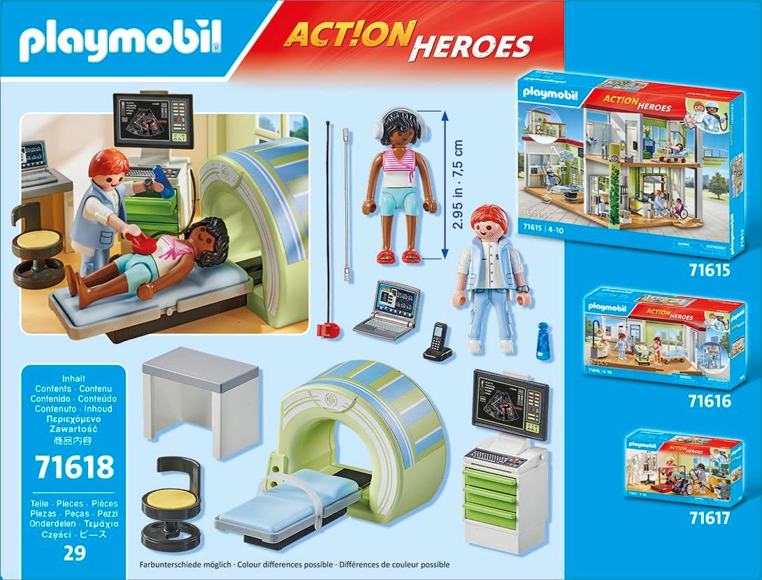 Playmobil 71618 Action Heroes: ressonância magnética com paciente, exame realista pelo radiologista, feito com mais de 80% de materiais reciclados e de base biológica, conjuntos de jogos detalhados adequados para crianças com mais de 4 anos