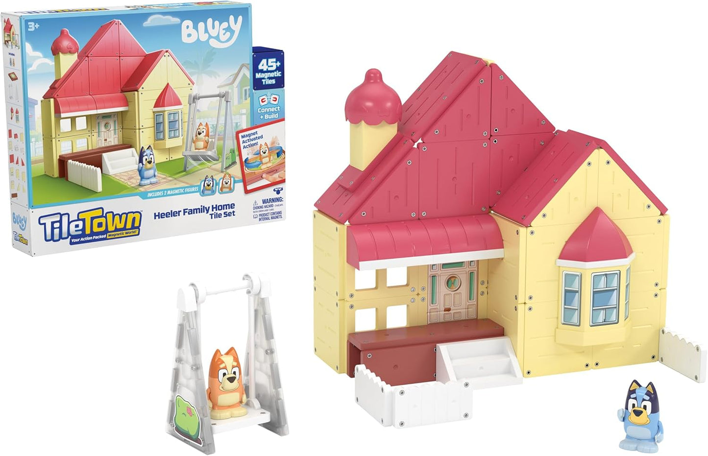 Tile Town Bluey Heeler Home Magnetic Tiles Construction Building Playset com figuras Bluey e Bingo, crianças de 3 a 5 anos ou mais, novos blocos de ação para brincadeiras de ação, construções realistas, brinquedo criativo STEM