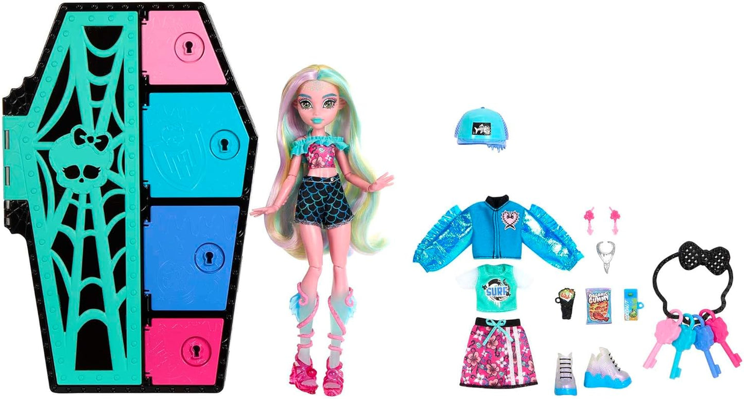 Monster High Boneca e conjunto de moda, Lagoona Blue com armário de vestir e mais de 19 surpresas, Skulltimate Secrets, HKY64