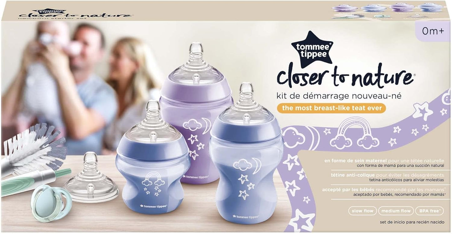 Tommee Tippee Closer to Nature Kit inicial de mamadeira anti-cólica para recém-nascidos, tetinas semelhantes a seios para uma trava natural, válvula anticólica, tamanhos mistos, roxo