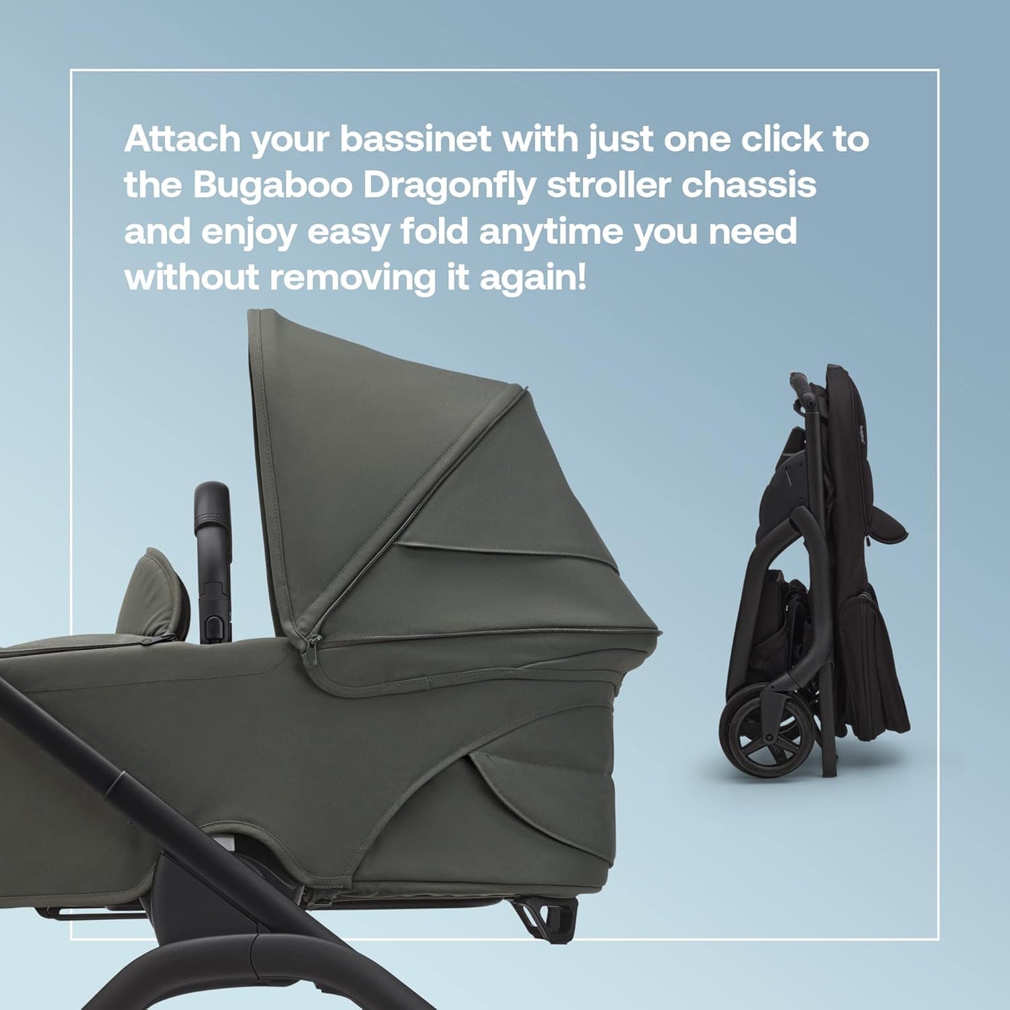 Berço Bugaboo Dragonfly, alcofa com colchão arejado e avental, dobra fácil com uma mão com carrinho de bebê em qualquer posição, carrinho Dragonfly City compatível, Forest Green