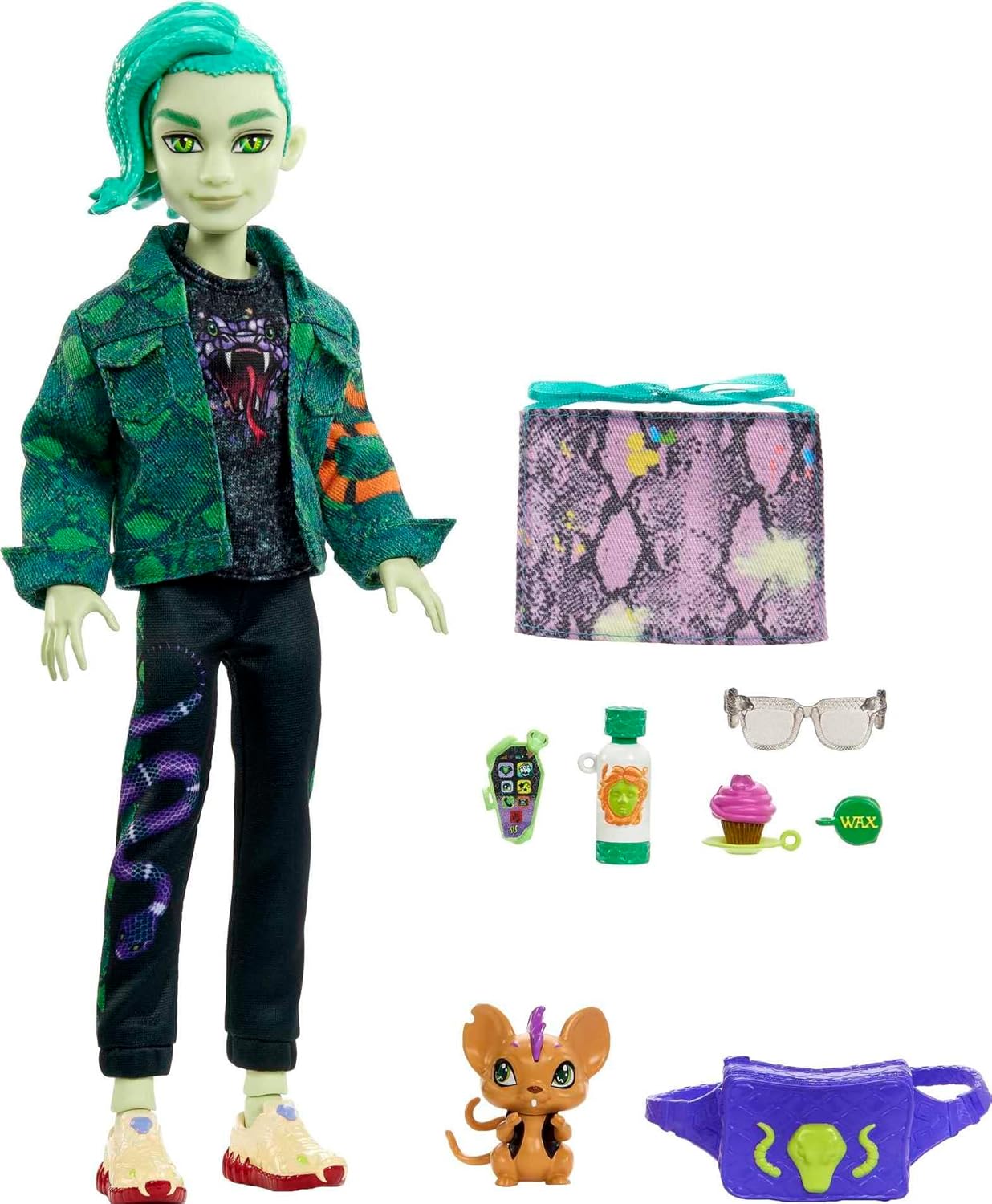 Monster High Boneca posável Deuce Gorgon, animal de estimação e acessórios, jaqueta jeans de cobra, óculos de sol coloridos, brinquedos infantis, conjunto de presente