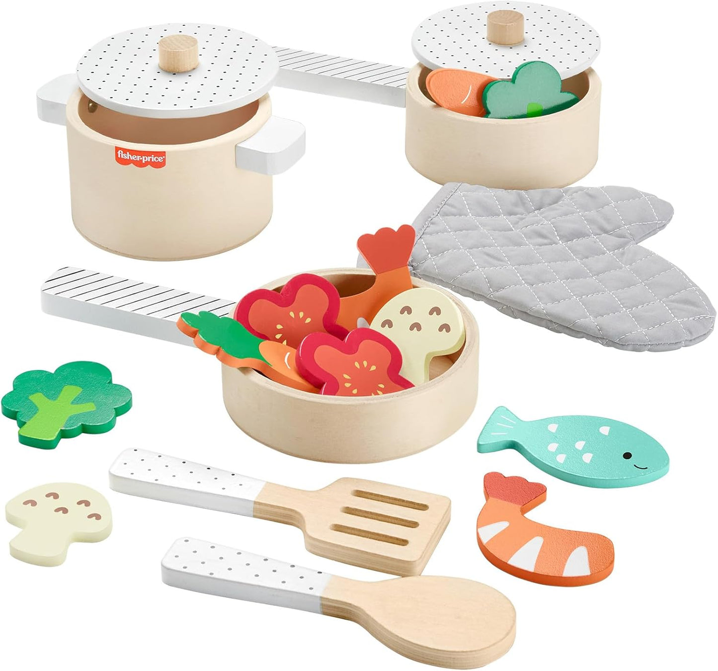 Fisher-Price Juego de ollas y sartenes de madera para juguetes de cocina preescolar, 19 piezas de madera para niños de 3 años en adelante,