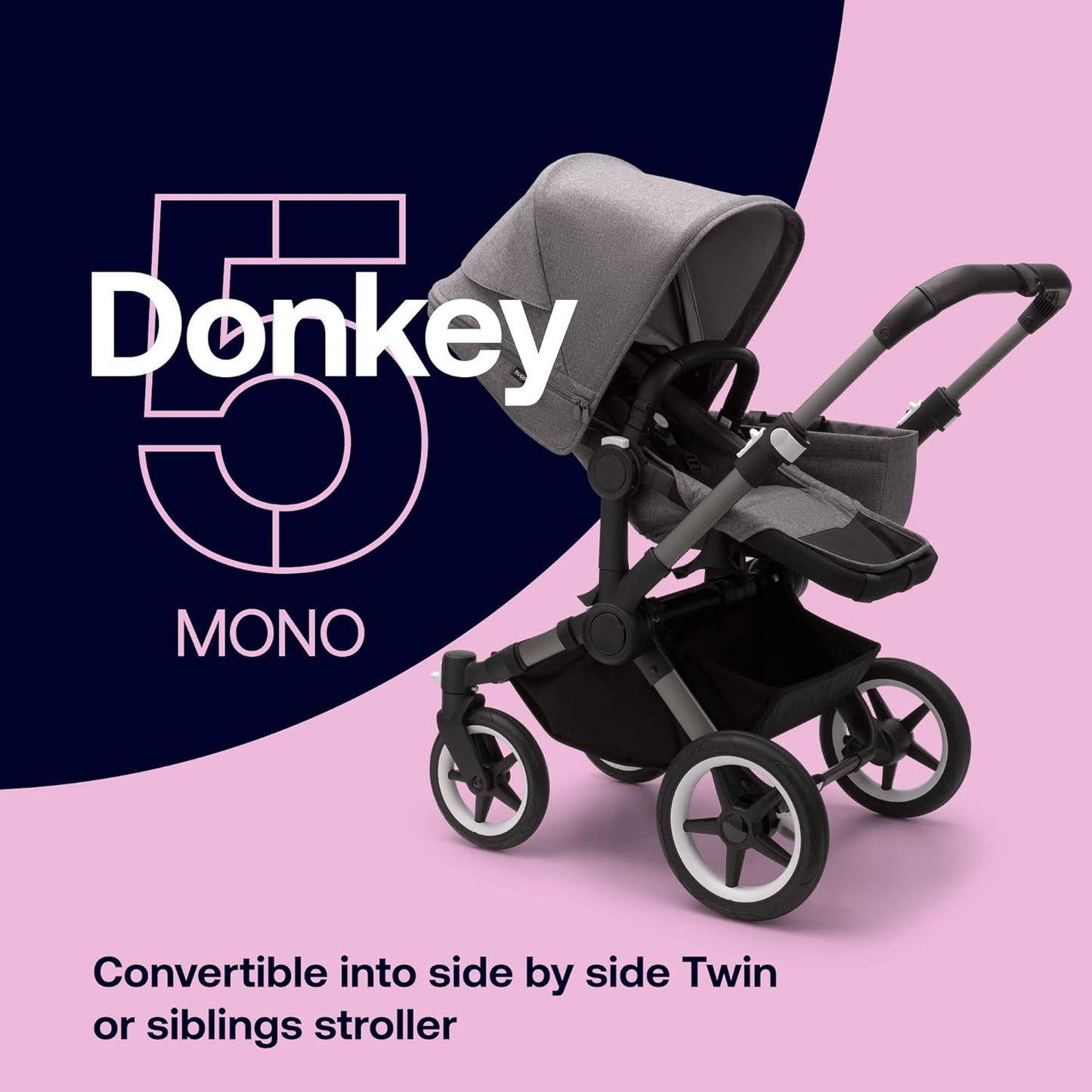 Bugaboo Donkey 5 Mono, conversível em carrinho duplo lado a lado, design aprimorado, assento reversível, direção com uma mão e cesta lateral, grafite/cinza melange