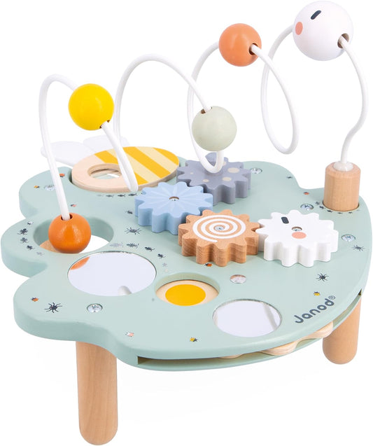 Janod - Mesa de atividades Sweet Cocoon - 5 atividades para os primeiros anos - Brinquedo de aprendizagem precoce - Desenvolve habilidades motoras finas - FSC Wood Activity Leaf - 18 meses +, J04056