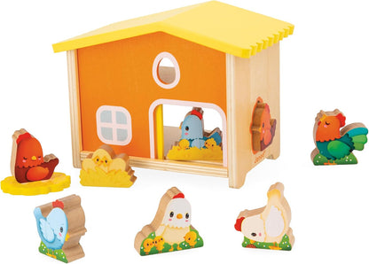 Janod First Children’s Pretend Play Toy-1 Galinheiro + 9 Galinhas + 1 Escada-Jogo de Madeira FSC-Desenvolve Destreza e Imaginação-18 Meses +, J03311, Multicolor