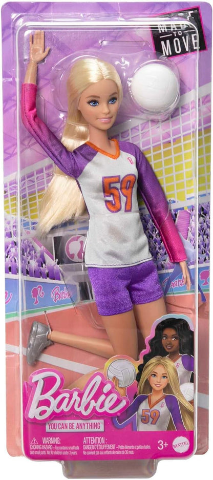 Barbie Boneca e acessórios, Made to Move, jogadora de vôlei profissional, boneca com uniforme e bola, HKT72