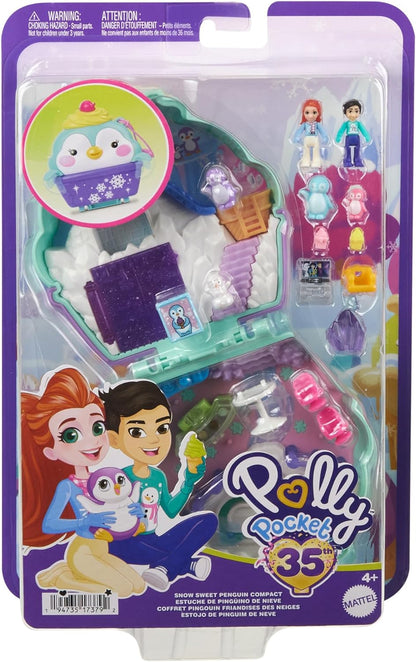 Polly Pocket Dolls e Playset, brinquedo de viagem com exterior Fidget, Snow Sweet Penguin Compact com 13 acessórios, HRD34