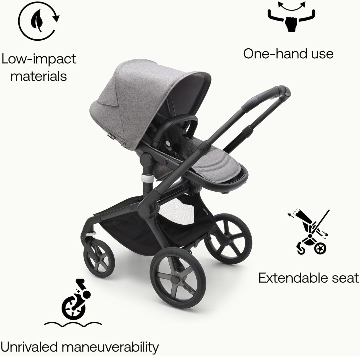 Bugaboo Carrinho de passeio Fox 5 All-Terrain, carrinho de bebê 2 em 1, suspensão total, dobra fácil, berço espaçoso, assento extensível para crianças, manobrabilidade com uma mão, chassi de grafite e capota cinza mesclada