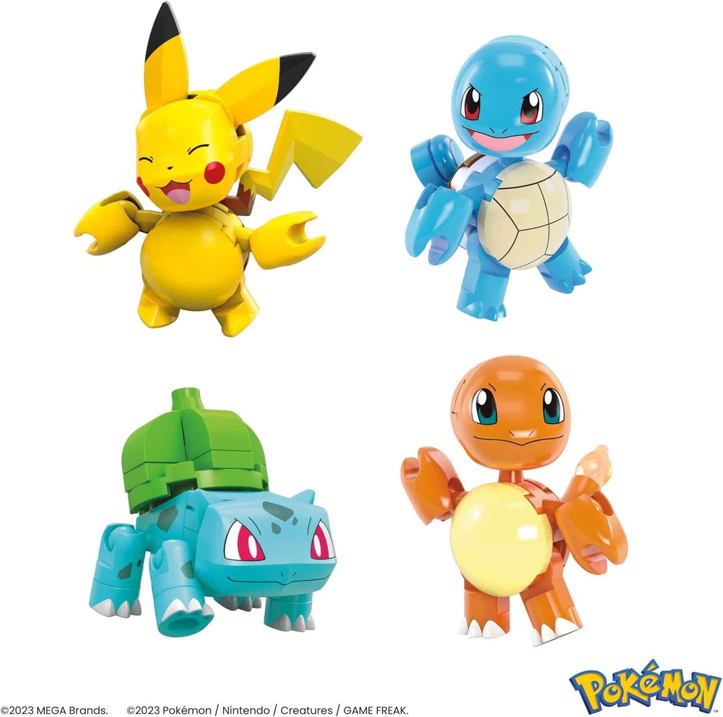 MEGA Brinquedos de construção de bonecos de ação Pokémon, equipe de treinador iniciante com 191 peças, 8 personagens, incluindo Pikachu Charmander Squirtle, para crianças, HTJ75