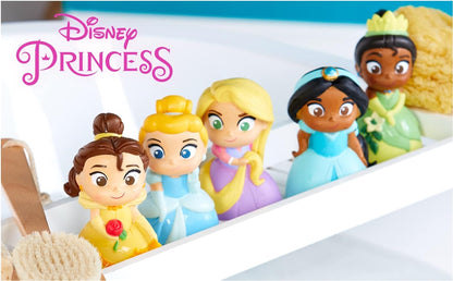 Disney Store Juego de juguetes de baño oficial de princesas Disney, juego de 5 piezas, incluye Rapunzel, Bella, Cenicienta, Tiana y Princesa Jasmine, juguetes de baño con cubo de almacenamiento, apto para 6 meses en adelante