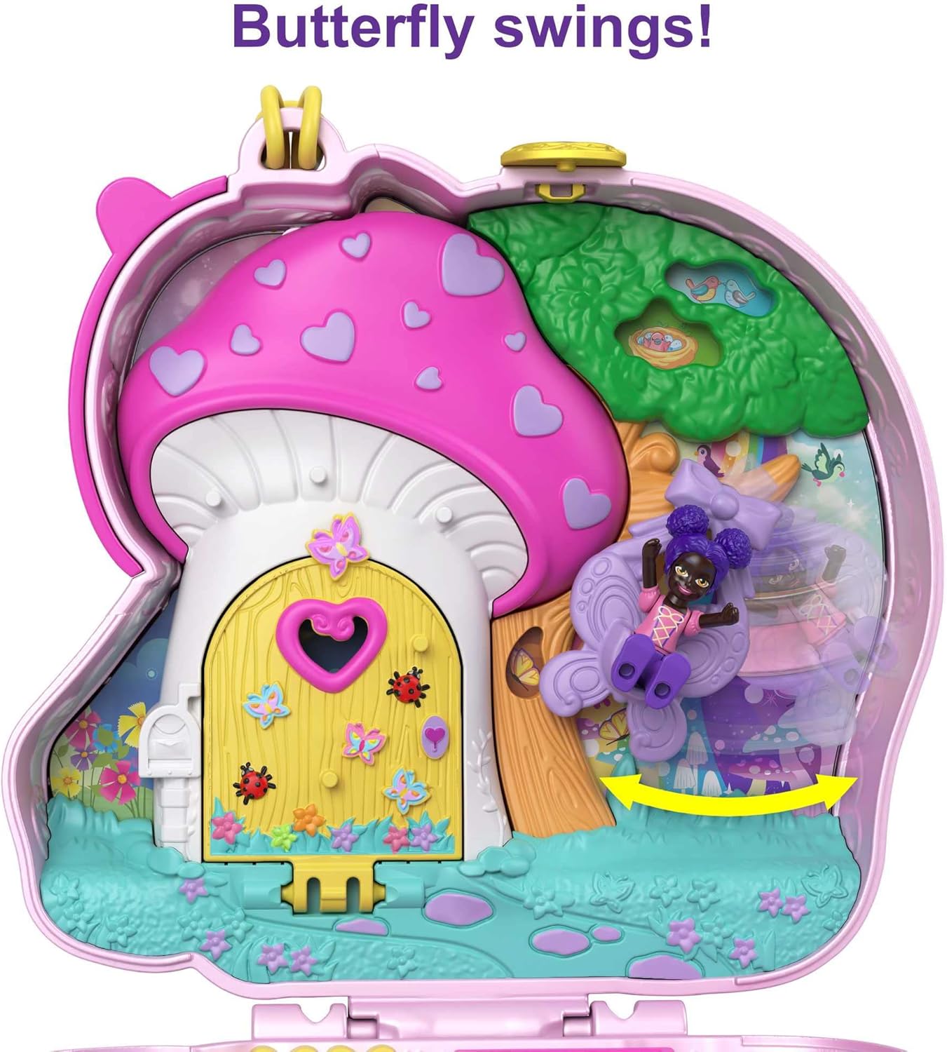 Polly Pocket World Owlnite Campsite compacto com revelações divertidas, bonecas Micro Polly e Shani e conjunto compacto com tema de festa de chá Unicorn Forest com buzina brilhante, 2 micro bonecas e 13 acessórios