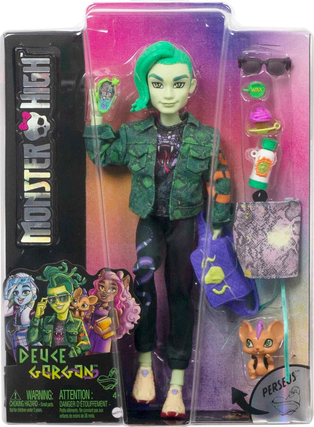 Monster High Boneca posável Deuce Gorgon, animal de estimação e acessórios, jaqueta jeans de cobra, óculos de sol coloridos, brinquedos infantis, conjunto de presente