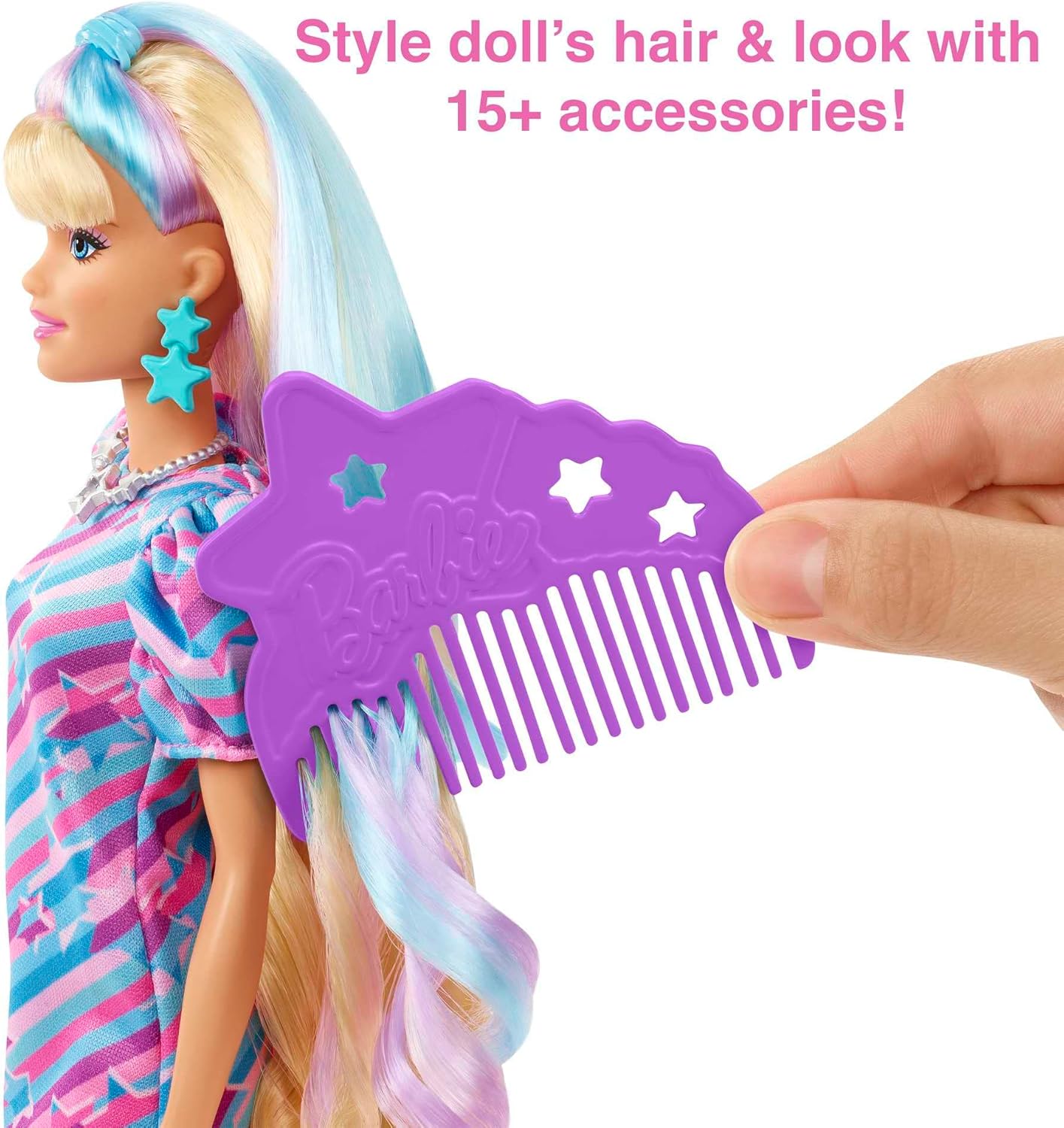 Barbie Boneca Totally Hair, Boneca Barbie com cabelo loiro com mechas azuis e rosa, 15 acessórios de estilo, incluindo 8 com recursos de mudança de cor, brinquedos para maiores de 3 anos, uma boneca, HCM88